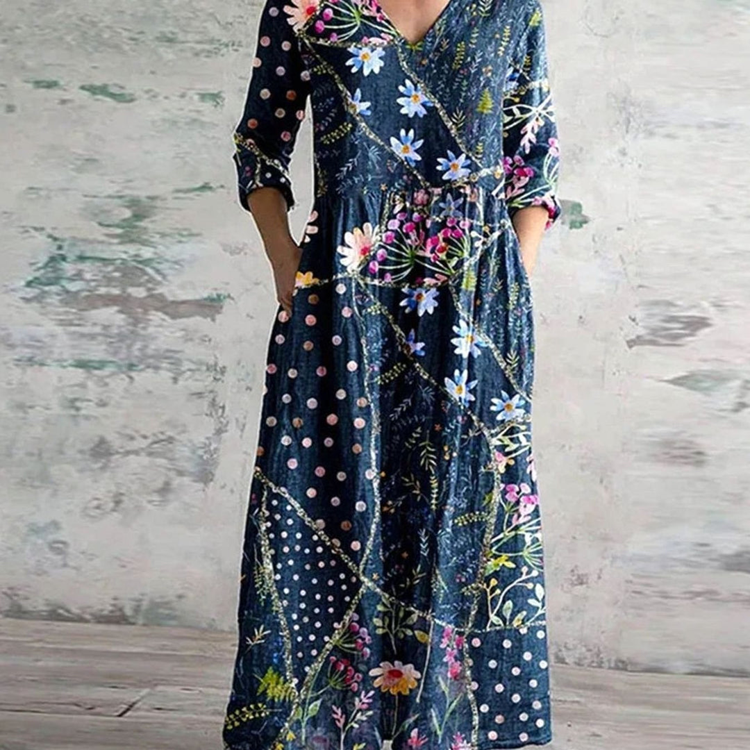 Women's Boho Floral Print V-Neck Long Sleeve Midi Dress