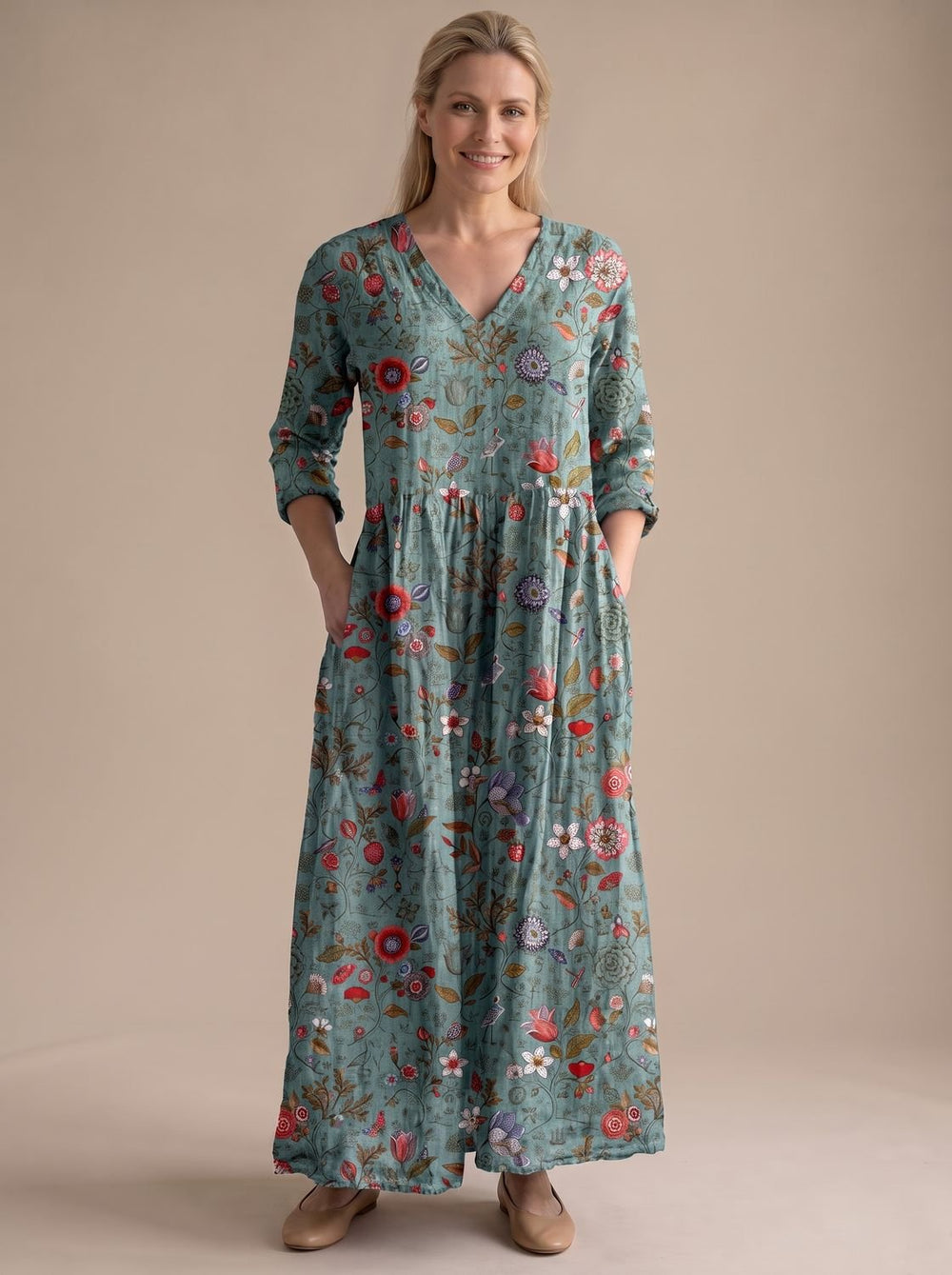 Women's Boho Floral Print V-Neck Long Sleeve Midi Dress - Green