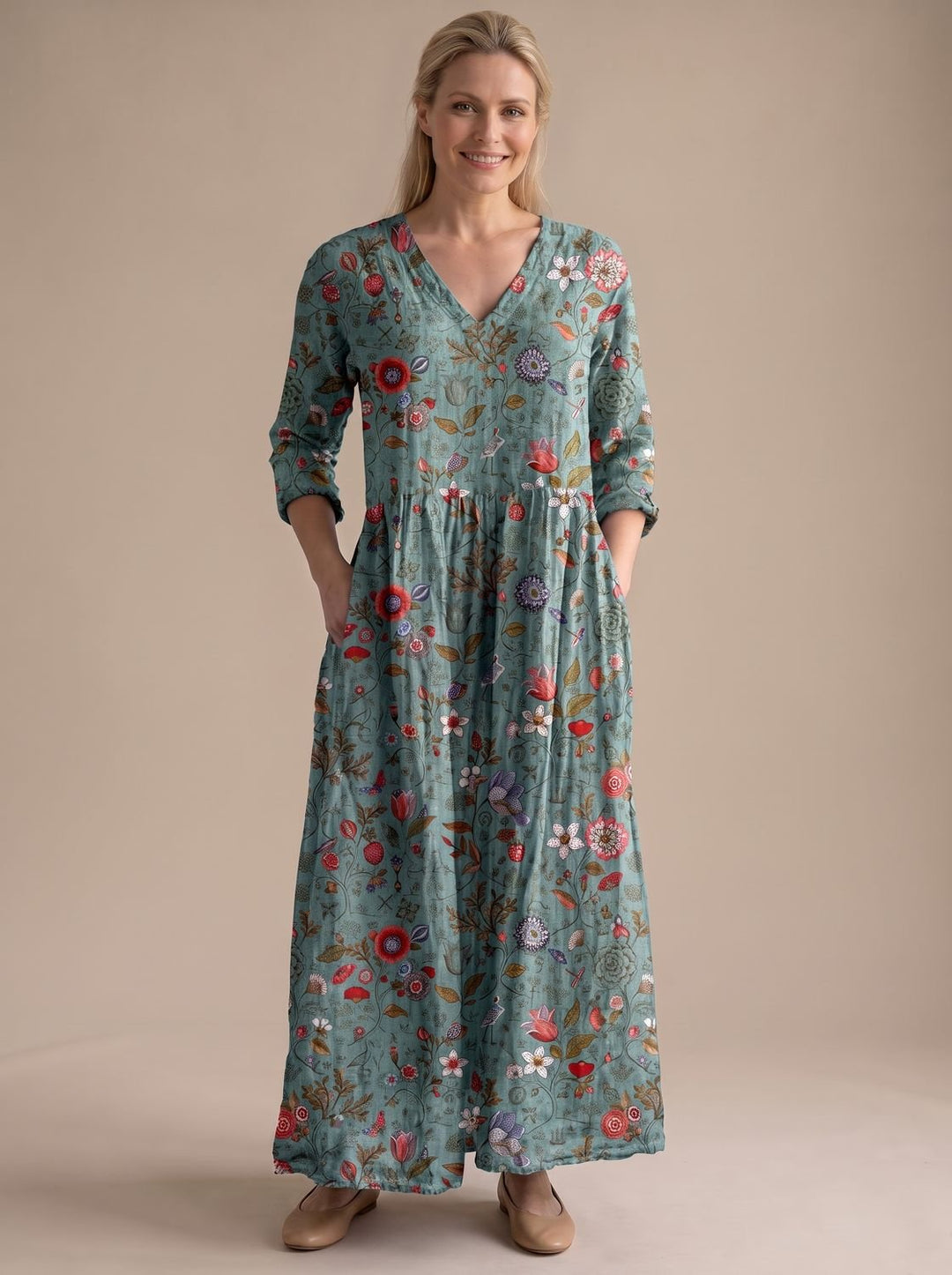 Women's Boho Floral Print V-Neck Long Sleeve Midi Dress - Green
