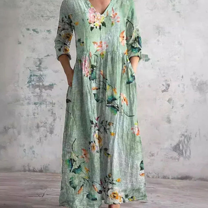 Women's Boho Floral Print V-Neck Long Sleeve Midi Dress