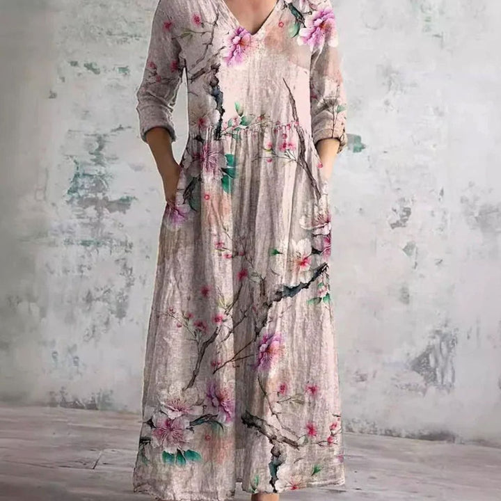 Women's Boho Floral Print V-Neck Long Sleeve Midi Dress