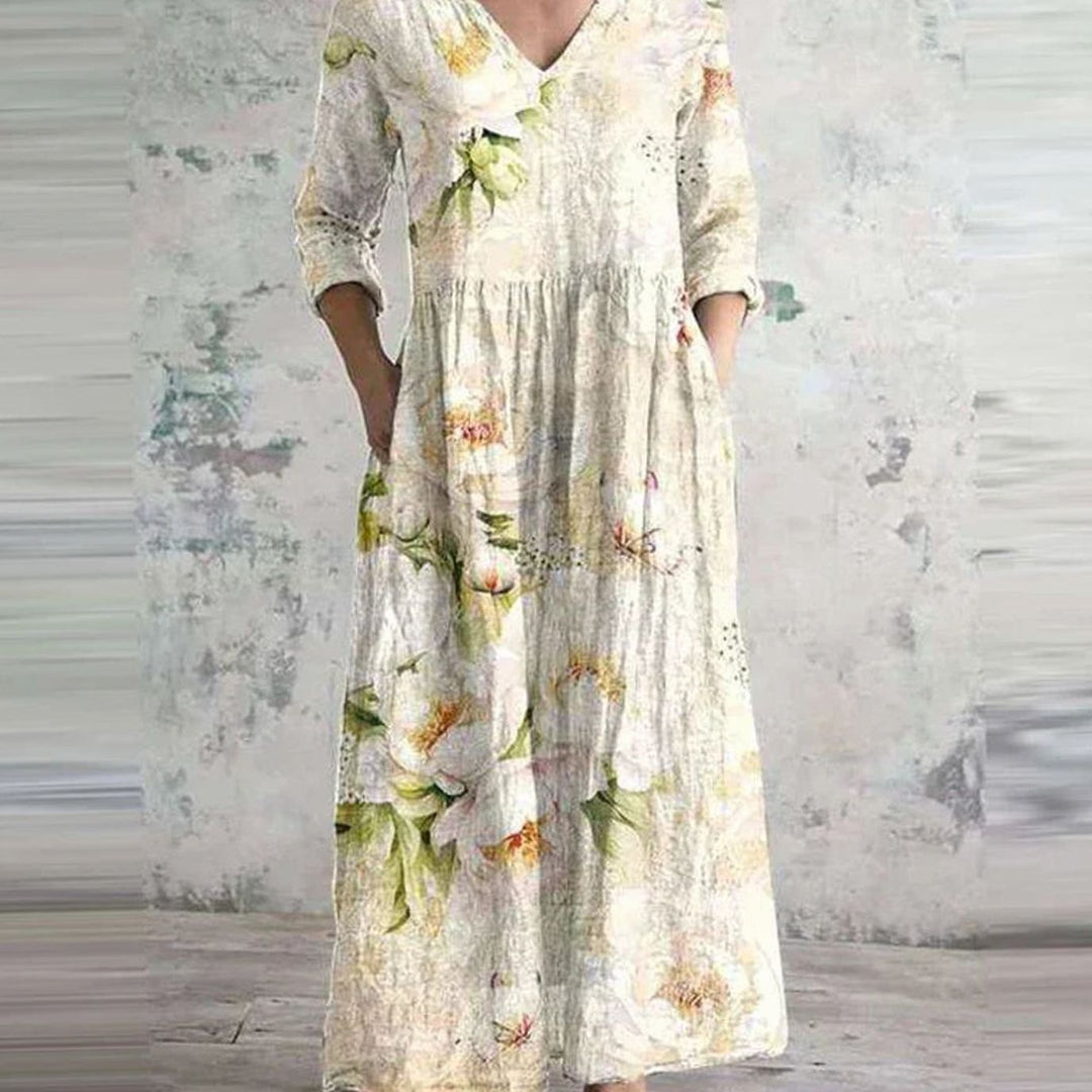 Women's Boho Floral Print V-Neck Long Sleeve Midi Dress