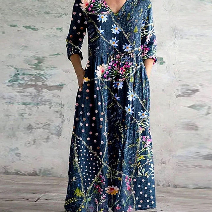 Women's Boho Floral Print V-Neck Long Sleeve Midi Dress