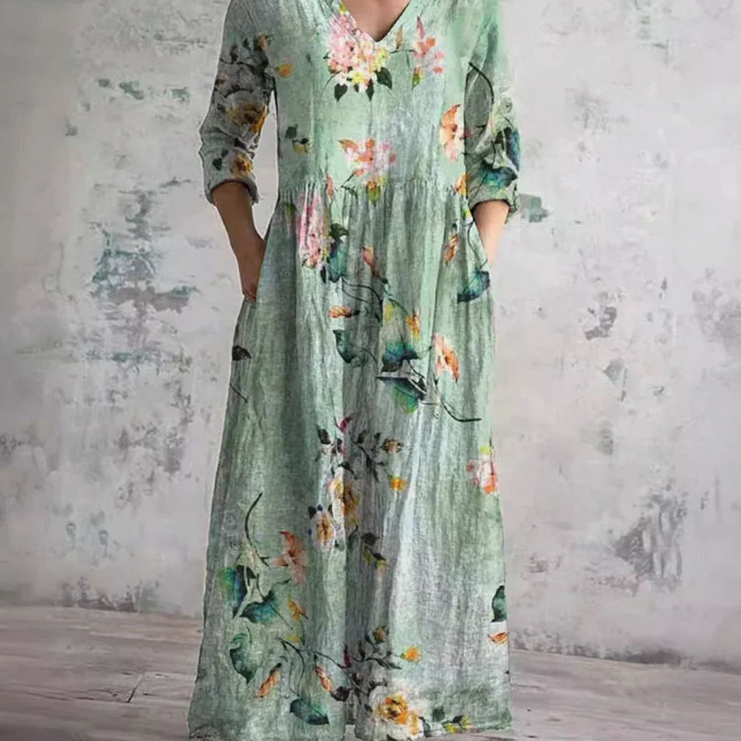 Women's Boho Floral Print V-Neck Long Sleeve Midi Dress