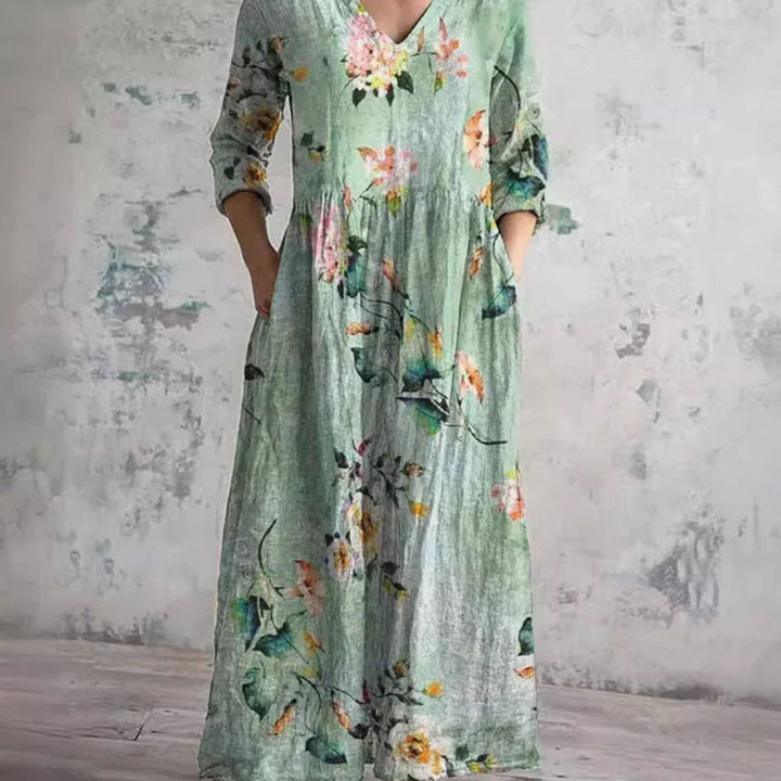Women's Boho Floral Print V-Neck Long Sleeve Midi Dress