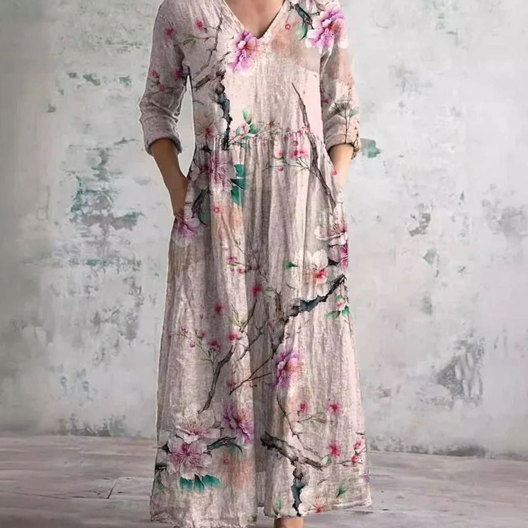 Women's Boho Floral Print V-Neck Long Sleeve Midi Dress