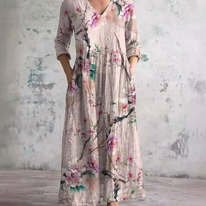 Women's Boho Floral Print V-Neck Long Sleeve Midi Dress