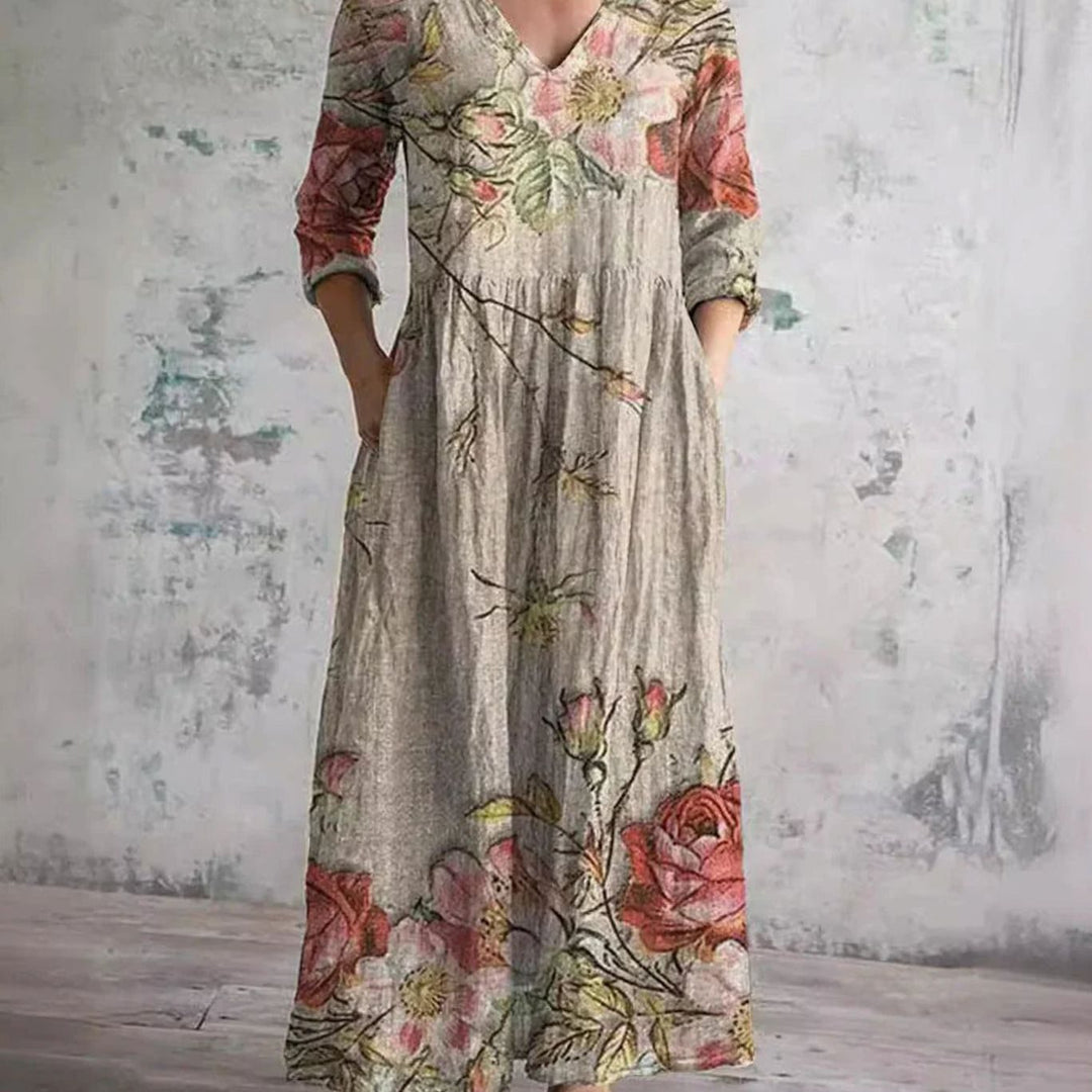 Women's Boho Floral Print V-Neck Long Sleeve Midi Dress