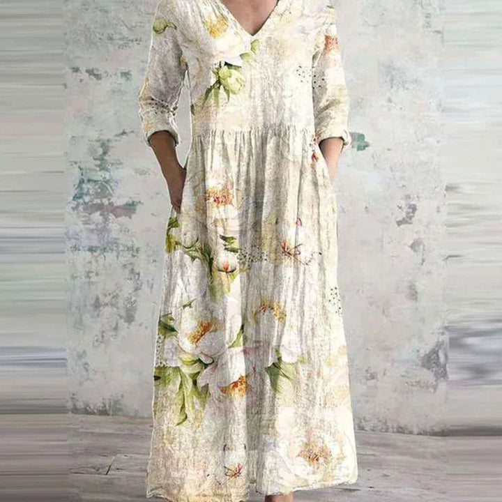 Women's Boho Floral Print V-Neck Long Sleeve Midi Dress