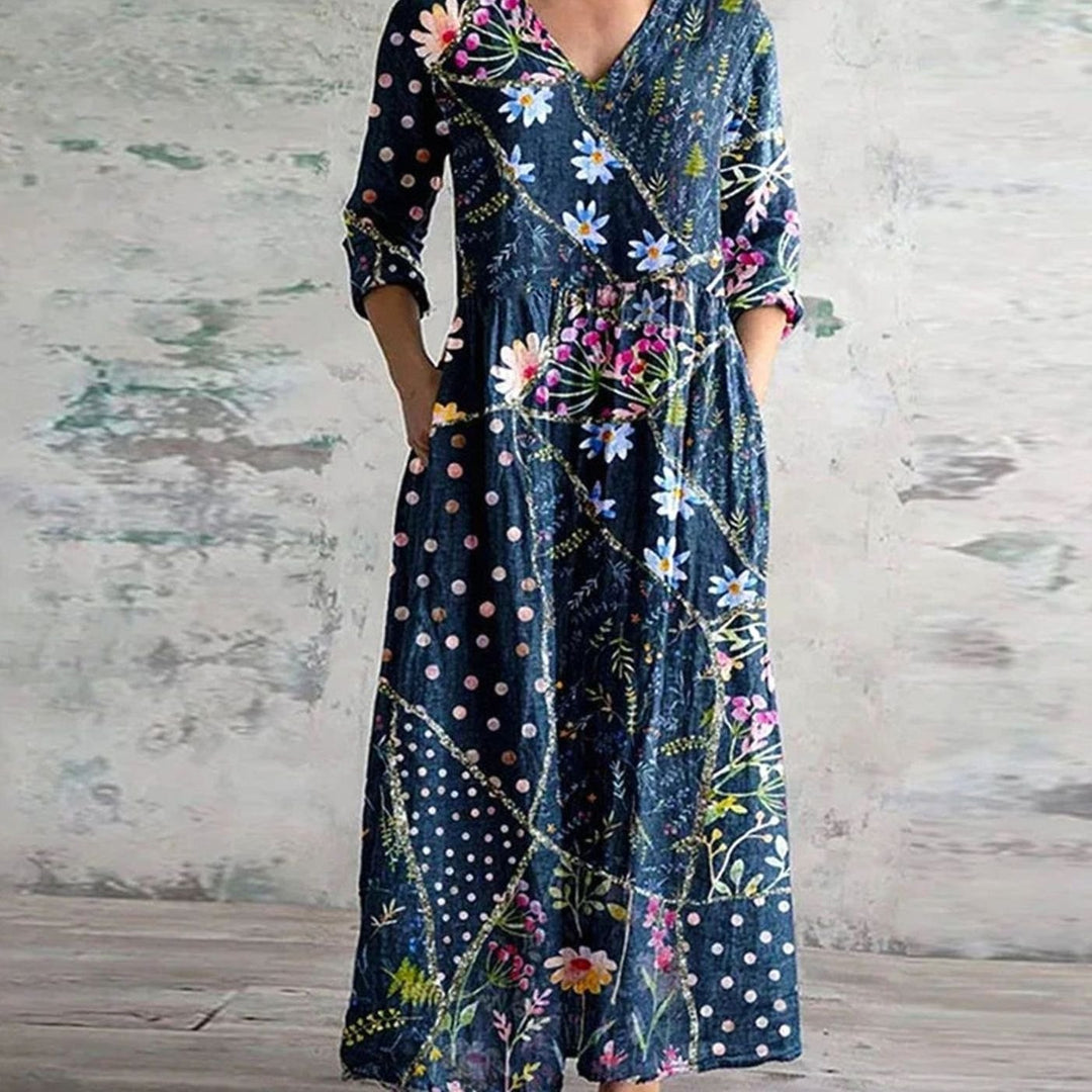 Women's Boho Floral Print V-Neck Long Sleeve Midi Dress