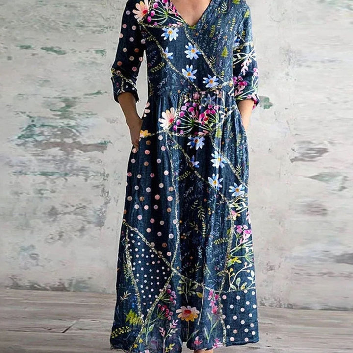 Women's Boho Floral Print V-Neck Long Sleeve Midi Dress