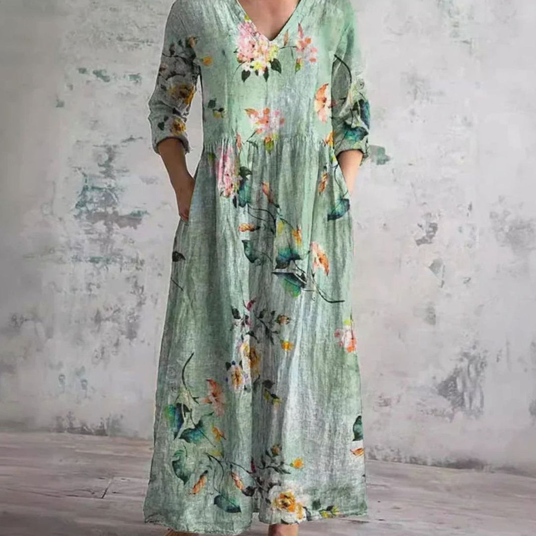 Women's Boho Floral Print V-Neck Long Sleeve Midi Dress