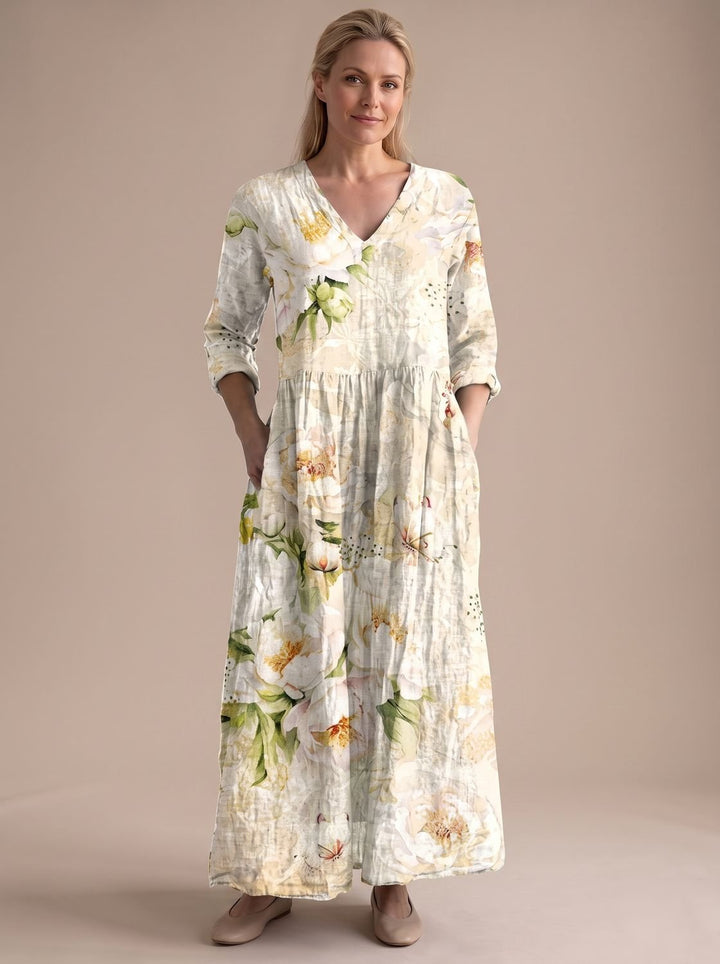 Women's Boho Floral Print V-Neck Long Sleeve Midi Dress
