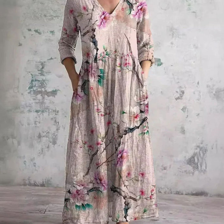 Women's Boho Floral Print V-Neck Long Sleeve Midi Dress