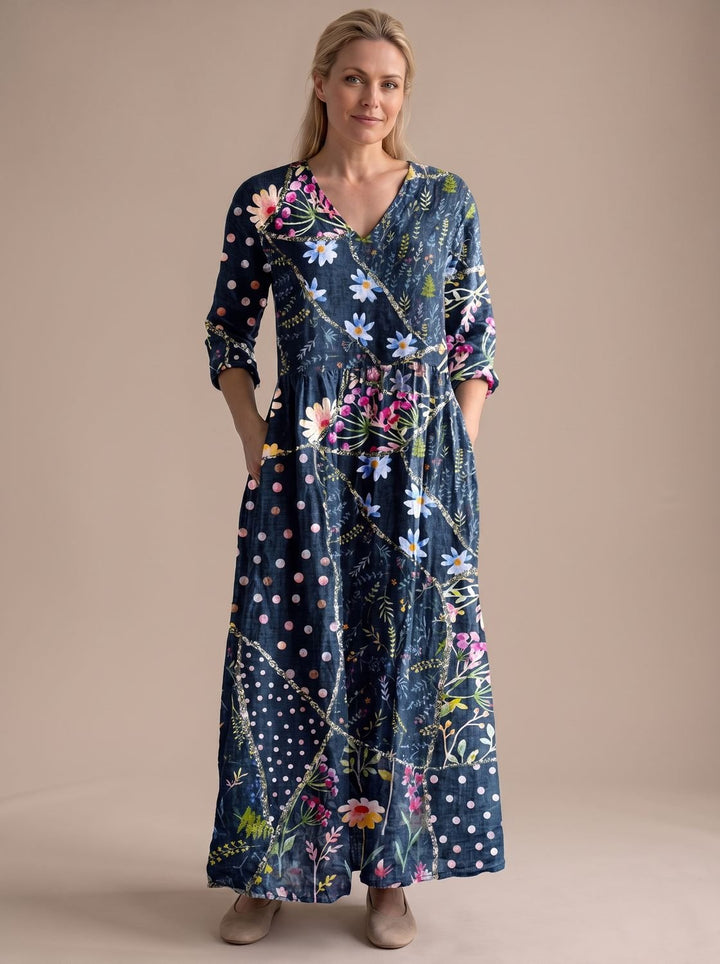 Women's Boho Floral Print V-Neck Long Sleeve Midi Dress