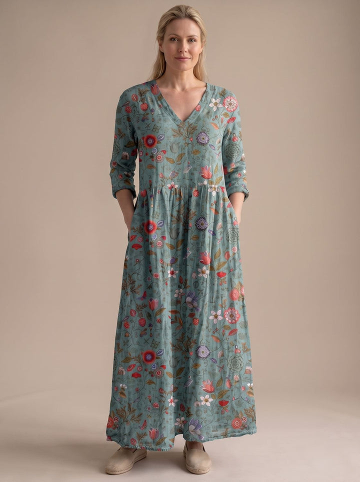 Women's Boho Floral Print V-Neck Long Sleeve Midi Dress
