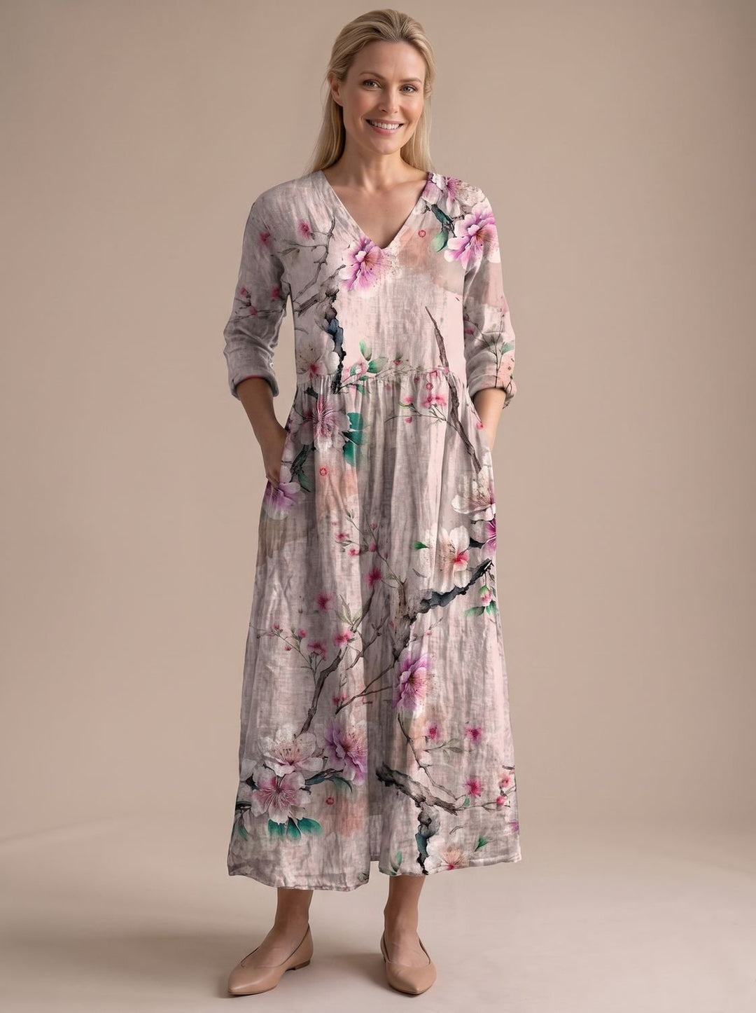 Women's Boho Floral Print V-Neck Long Sleeve Midi Dress
