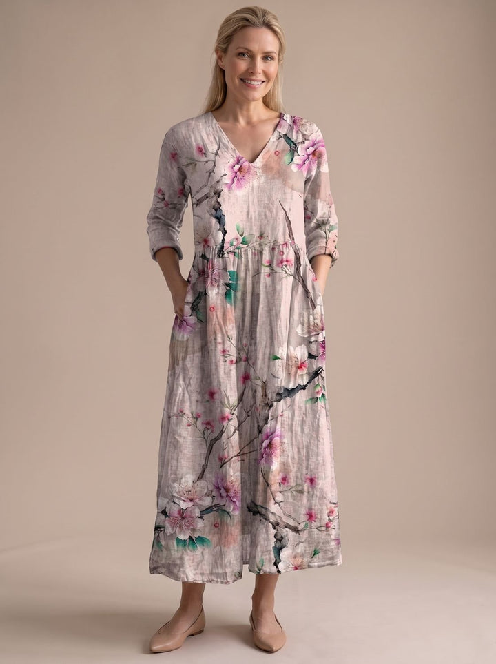 Women's Boho Floral Print V-Neck Long Sleeve Midi Dress
