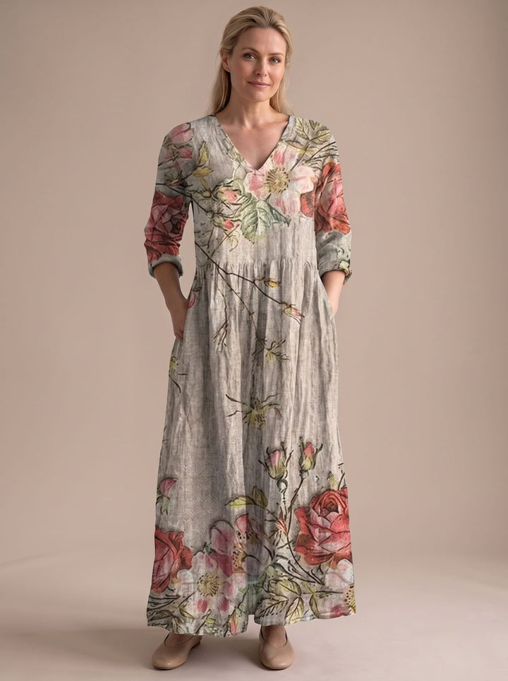 Women's Boho Floral Print V-Neck Long Sleeve Midi Dress - Beige