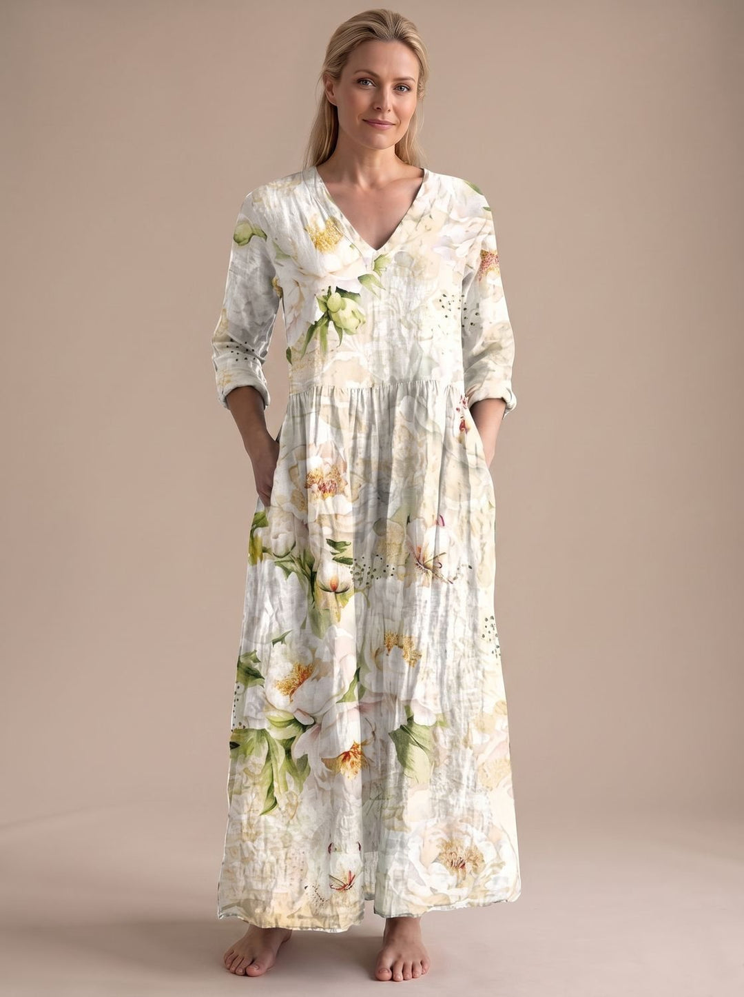 Women's Boho Floral Print V-Neck Long Sleeve Midi Dress - White