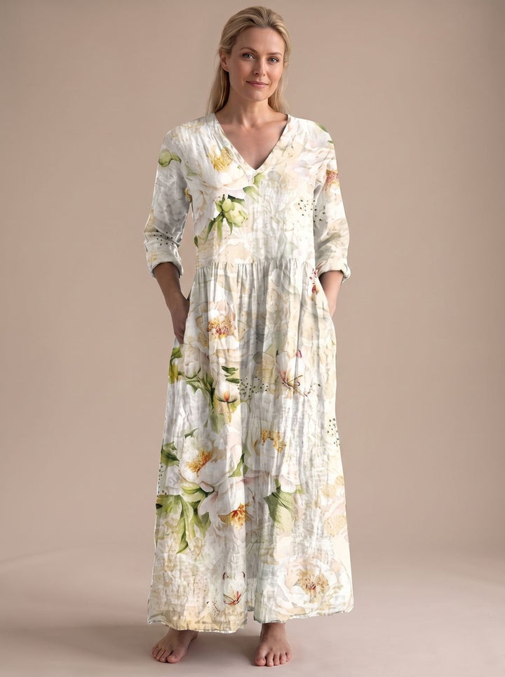 Women's Boho Floral Print V-Neck Long Sleeve Midi Dress - White