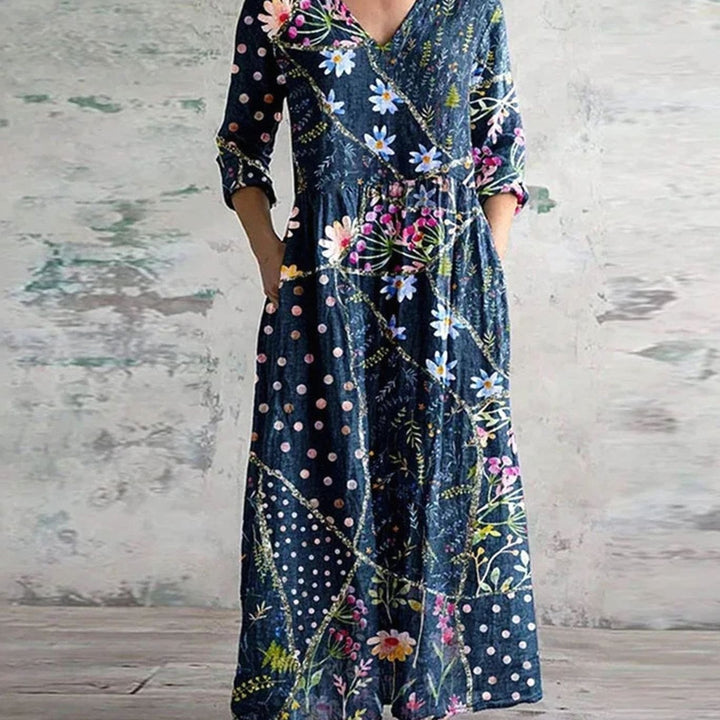 Women's Boho Floral Print V-Neck Long Sleeve Midi Dress - Blue