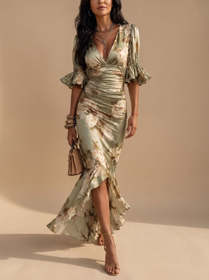 Women's Boho Floral Ruched V-Neck Midi Dress Ruffled Sleeves - Green Floral