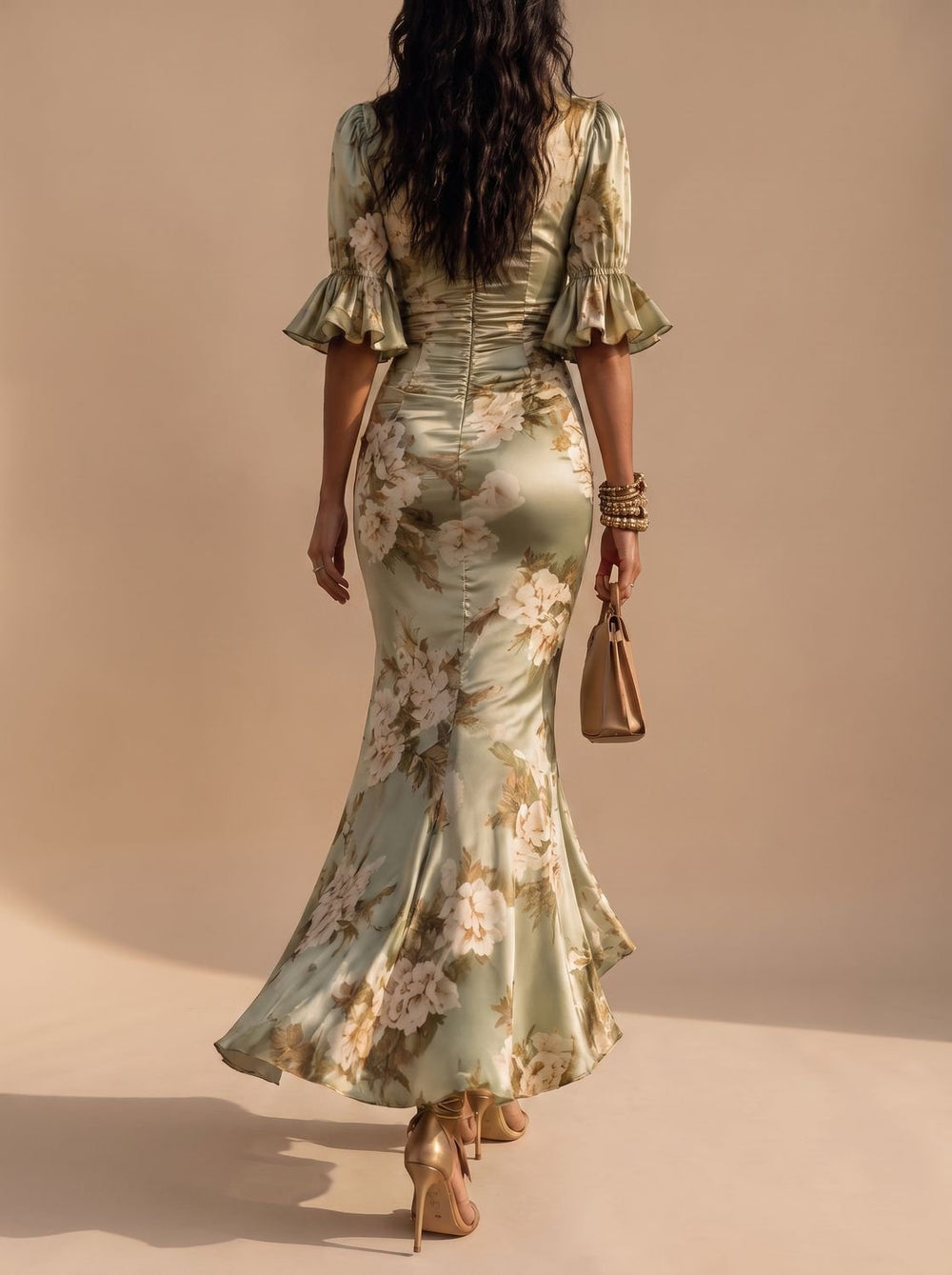Women's Boho Floral Ruched V-Neck Midi Dress Ruffled Sleeves