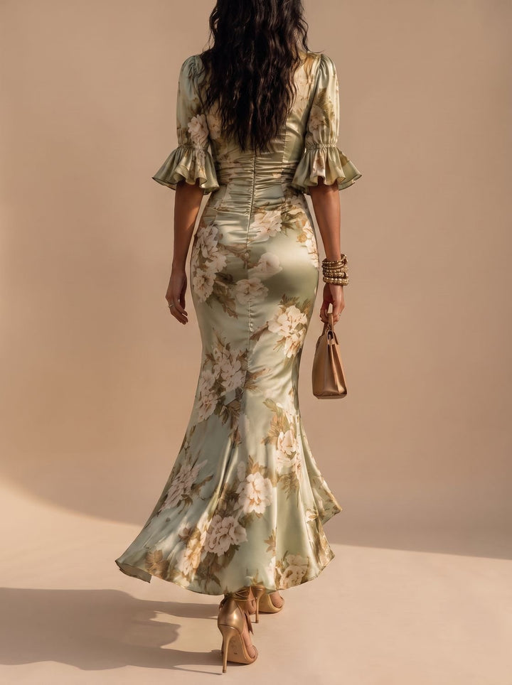 Women's Boho Floral Ruched V-Neck Midi Dress Ruffled Sleeves