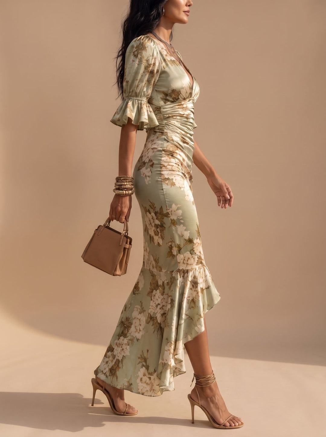 Women's Boho Floral Ruched V-Neck Midi Dress Ruffled Sleeves