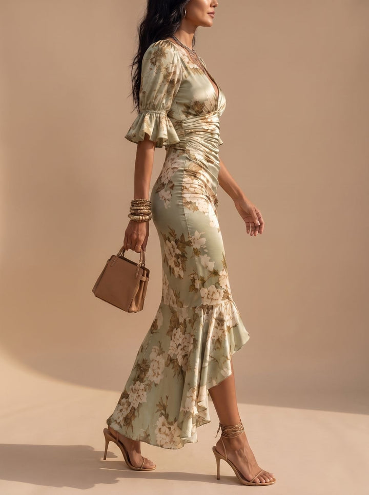 Women's Boho Floral Ruched V-Neck Midi Dress Ruffled Sleeves