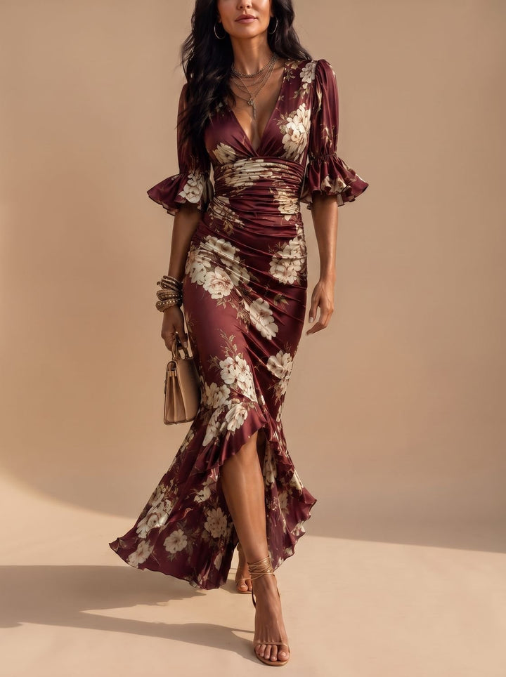 Women's Boho Floral Ruched V-Neck Midi Dress Ruffled Sleeves - Red Floral