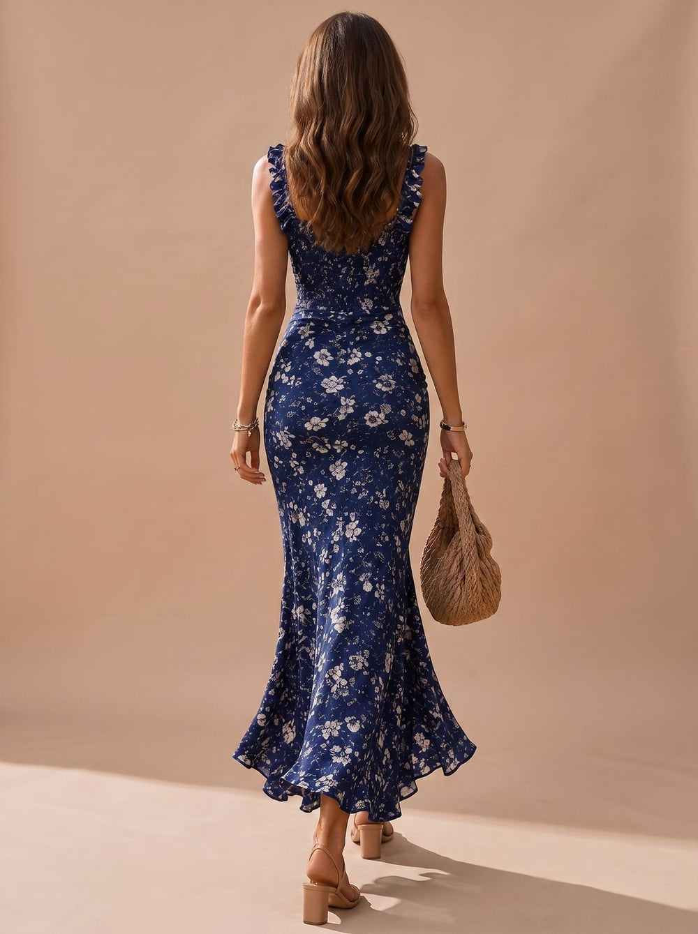 Women's Boho Floral Smocked Ruffle-Strap Midi Slit Dress