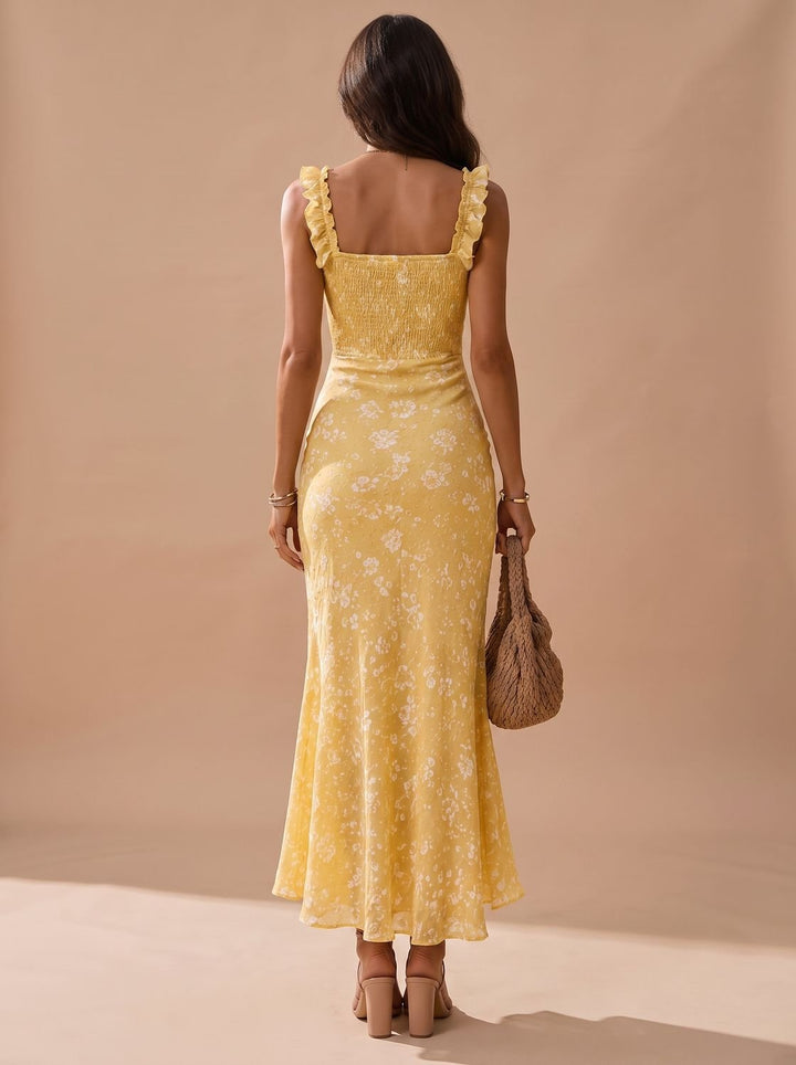 Women's Boho Floral Smocked Ruffle-Strap Midi Slit Dress