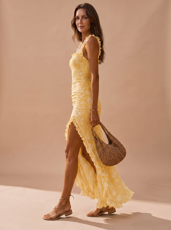 Women's Boho Floral Smocked Ruffle-Strap Midi Slit Dress