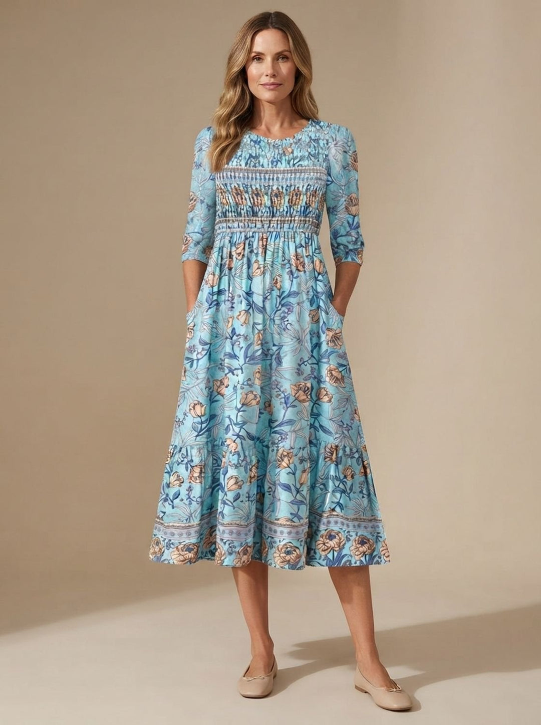 Women's Boho Floral Smocked Waist Half-Sleeve Midi Dress - Blue
