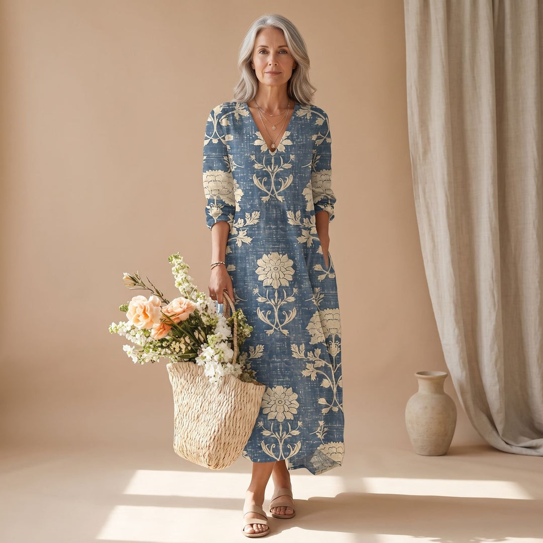 Women's Boho Floral V-Neck Long Sleeve Dress - Dress