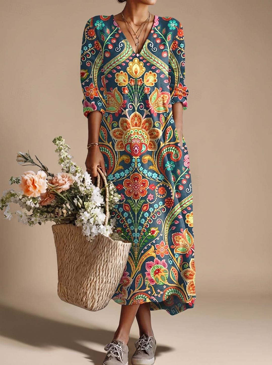 Women's Boho Floral V-Neck Long Sleeve Maxi Dress - Multicolor