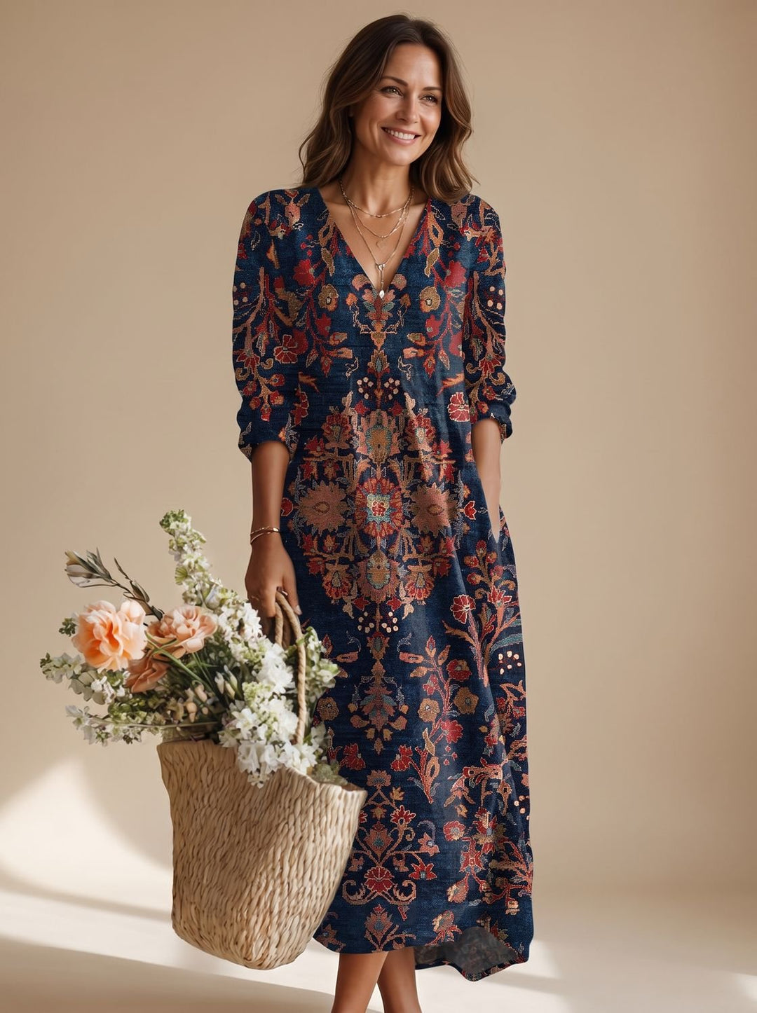 Women's Boho Floral V-Neck Long Sleeve Maxi Dress - Multicolor