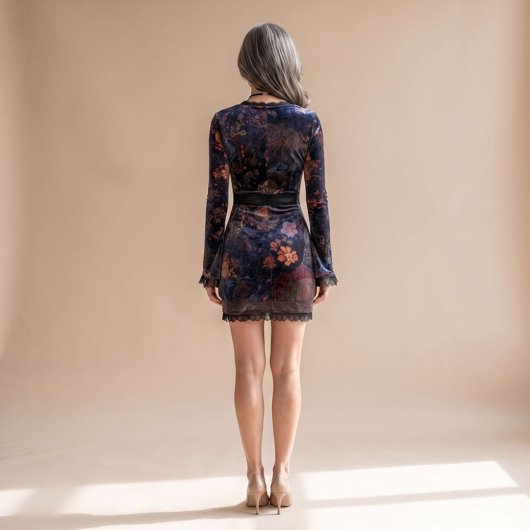 Women's Boho Floral Velvet Lace Trim Deep V-Neck Bodycon Mini Dress