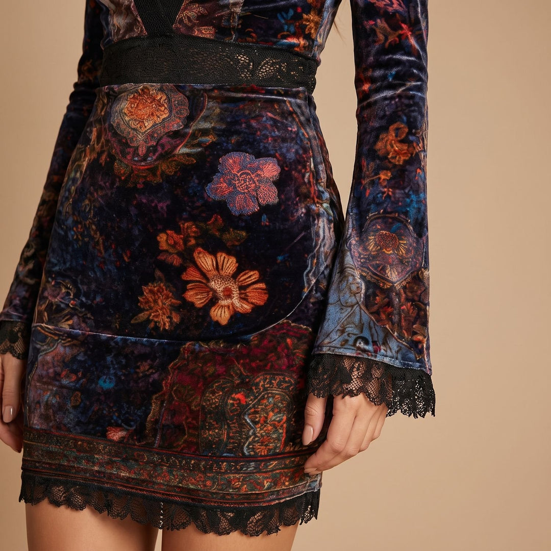 Women's Boho Floral Velvet Lace Trim Deep V-Neck Bodycon Mini Dress