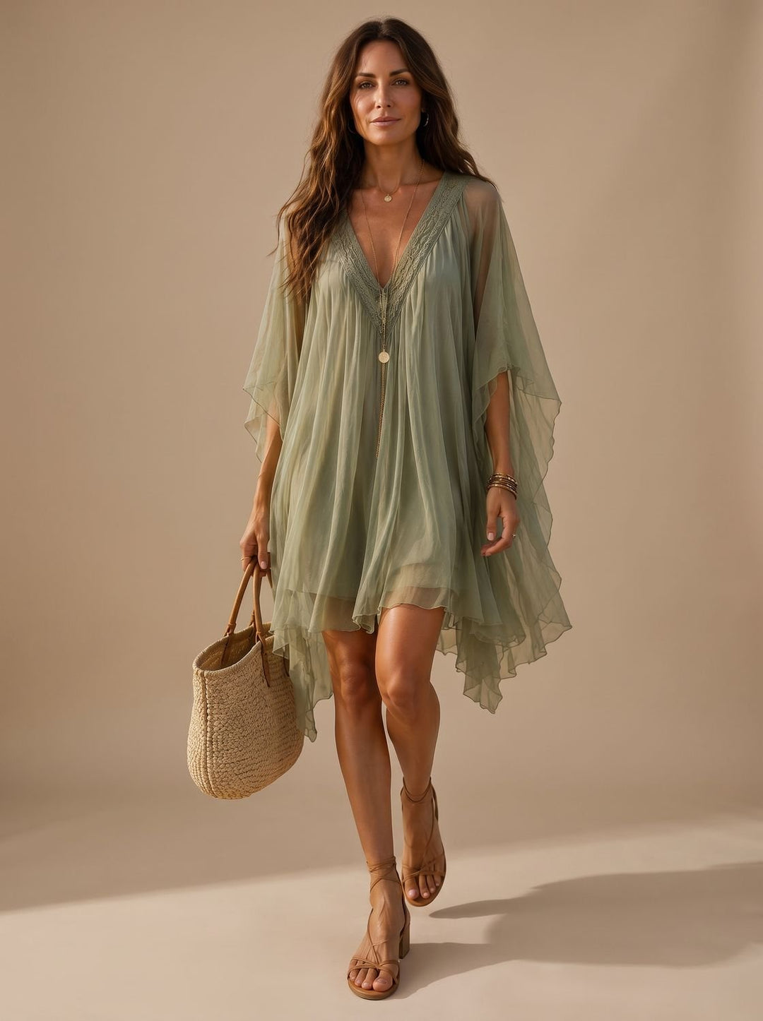 Women's Boho Flowy Chiffon V-Neck Mini Dress