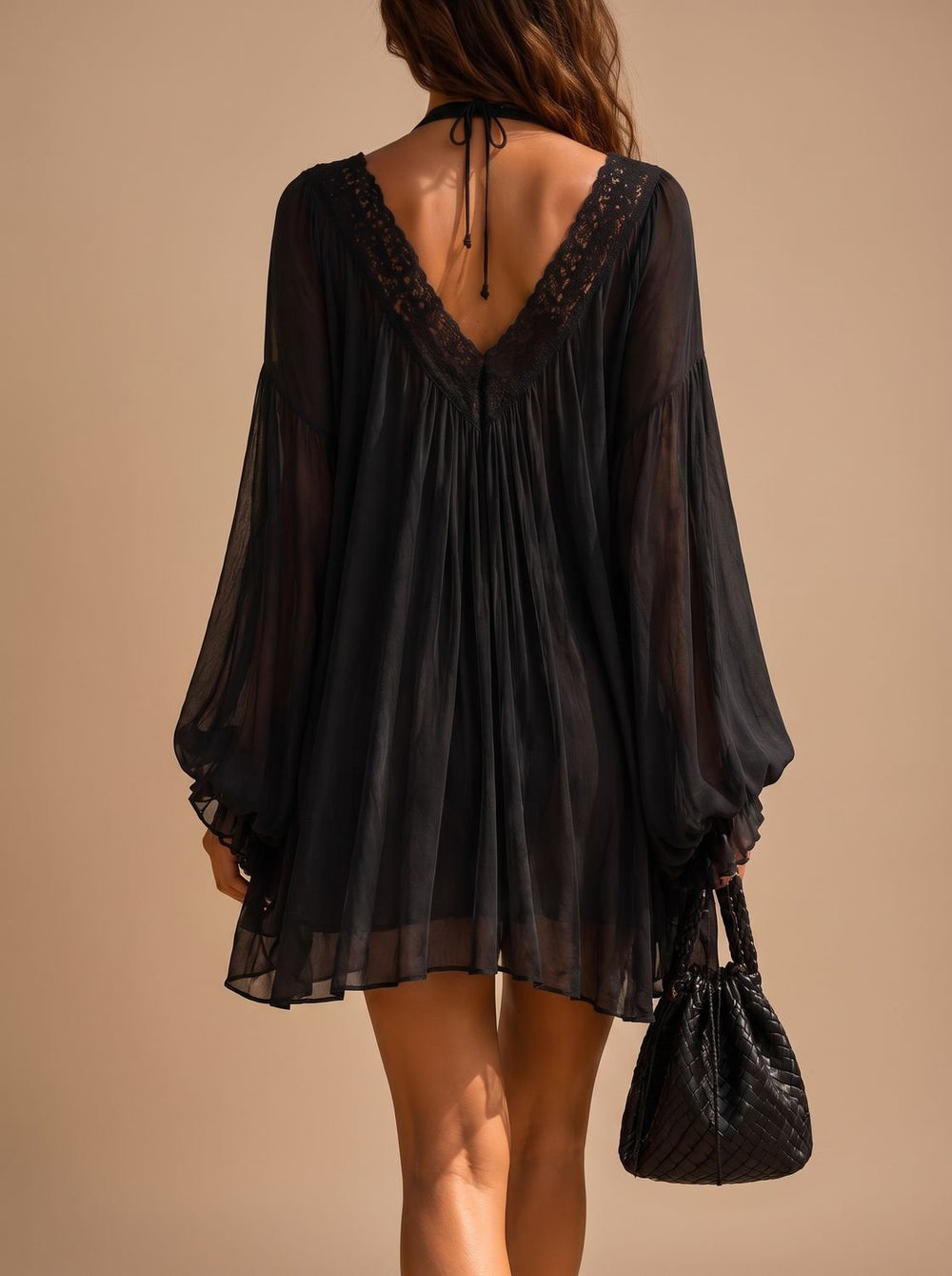 Women's Boho Lace-Trim Deep V-Neck Chiffon Mini Dress