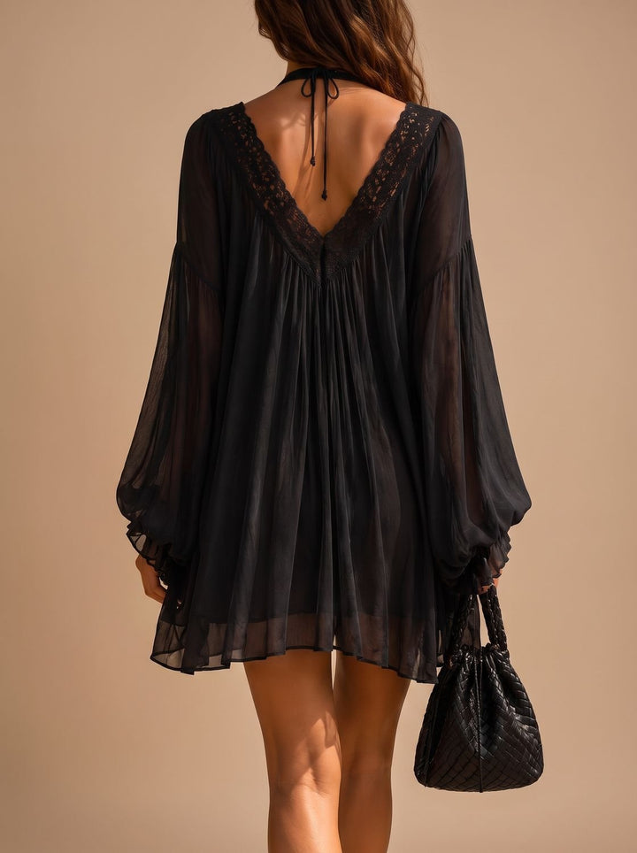 Women's Boho Lace-Trim Deep V-Neck Chiffon Mini Dress