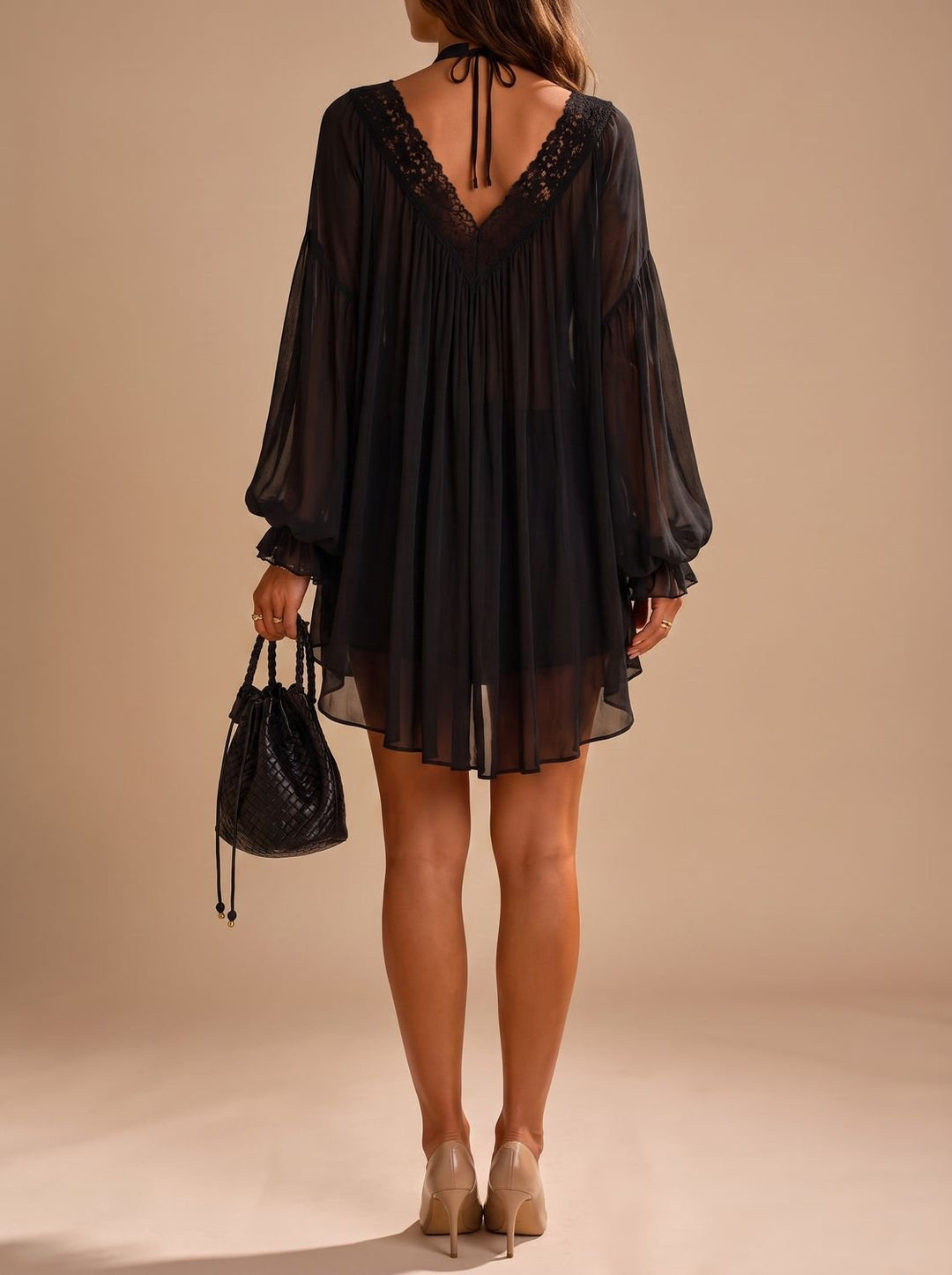Women's Boho Lace-Trim Deep V-Neck Chiffon Mini Dress