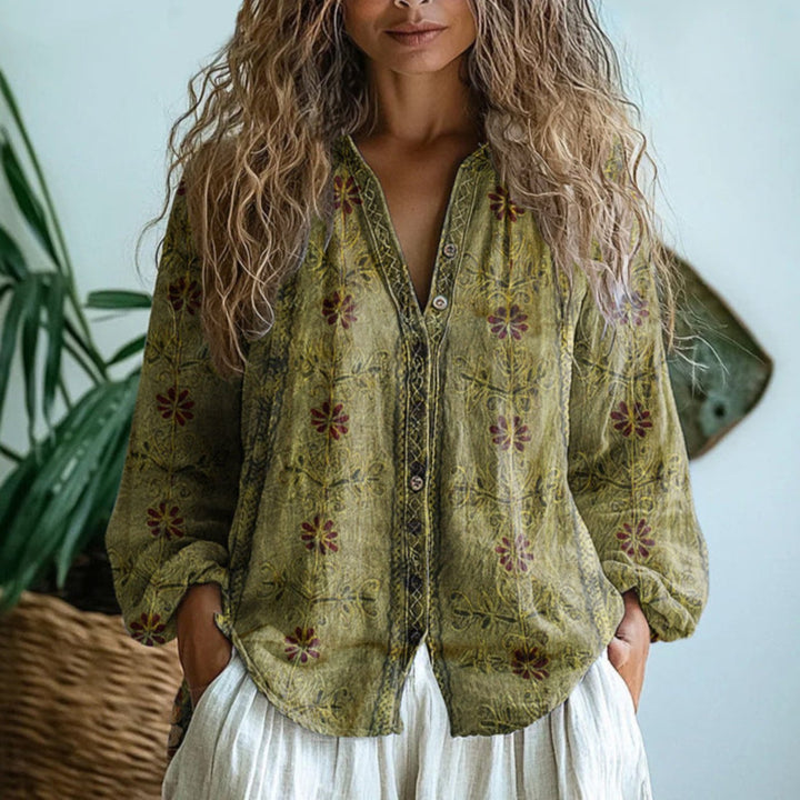 Women's Boho Linen Button-Down Cardigan Blouse Long Sleeve V-Neck - Light Olive Green