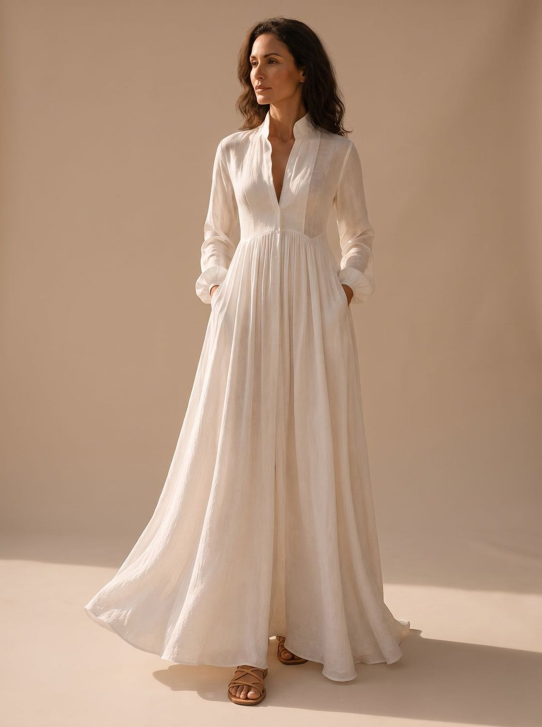 Women's Boho Long-Sleeve V-Neck Flowy Linen Maxi Dress