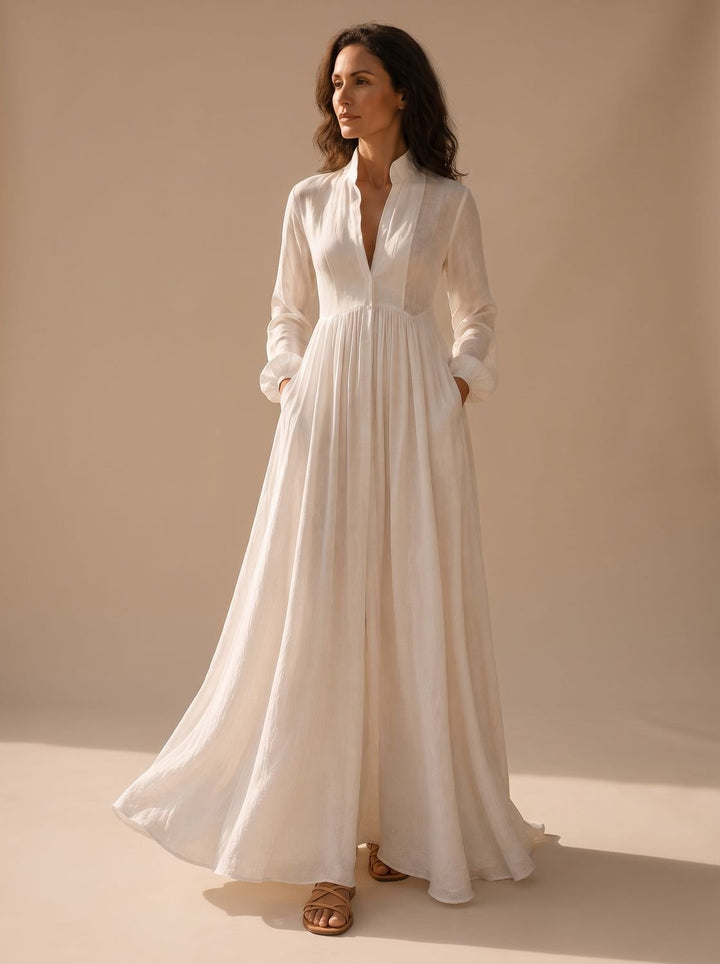 Women's Boho Long-Sleeve V-Neck Flowy Linen Maxi Dress