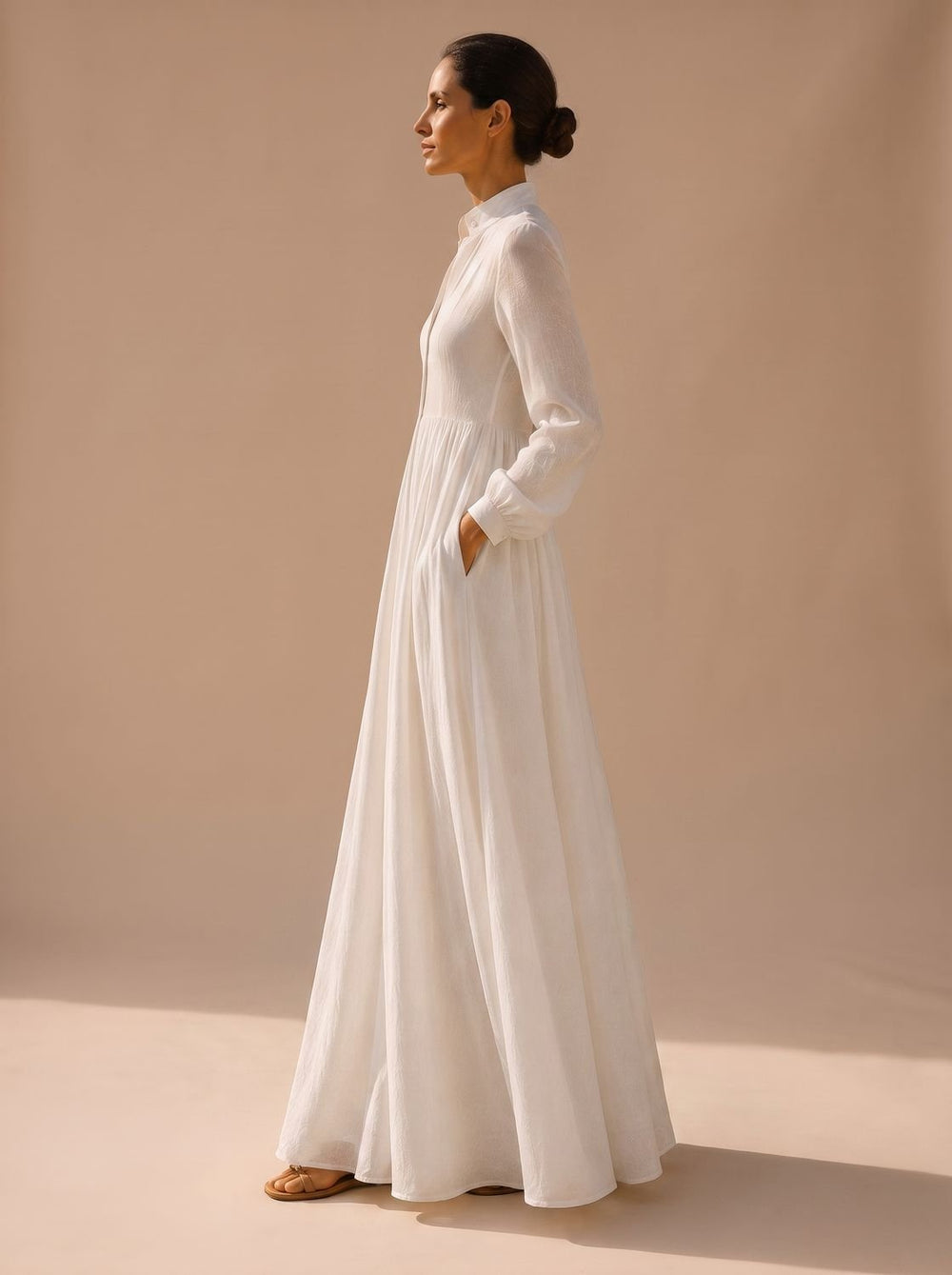 Women's Boho Long-Sleeve V-Neck Flowy Linen Maxi Dress