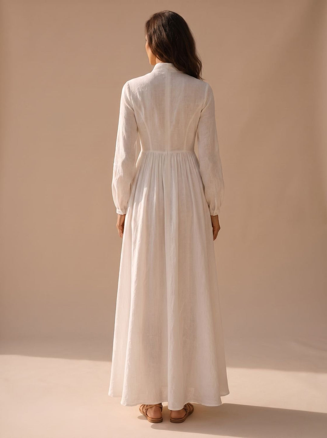 Women's Boho Long-Sleeve V-Neck Flowy Linen Maxi Dress